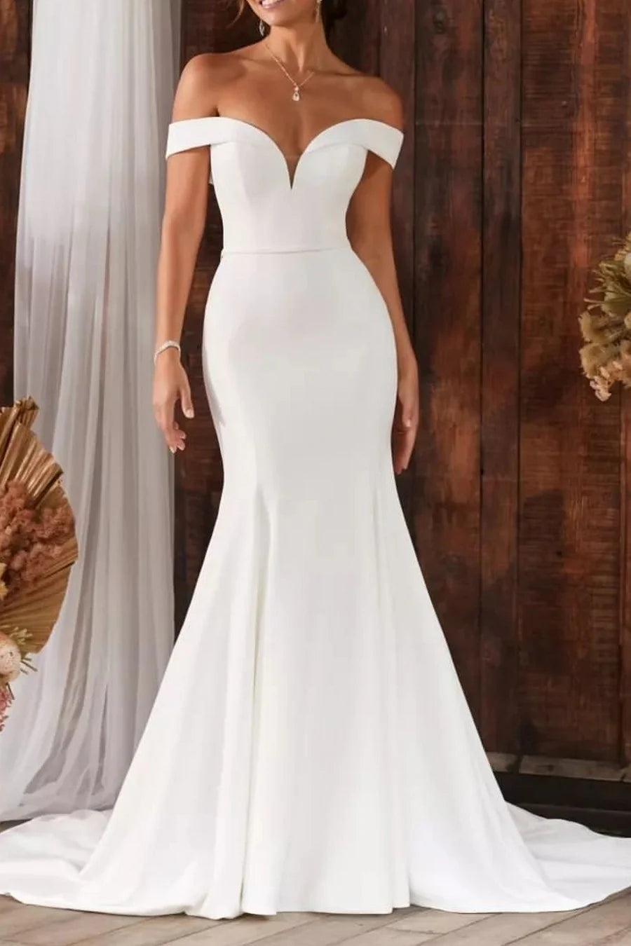 Luolandi Wedding Dress Mermaid Off The Shoulder Bridal Dress With Sweep Train Solid Color Simple